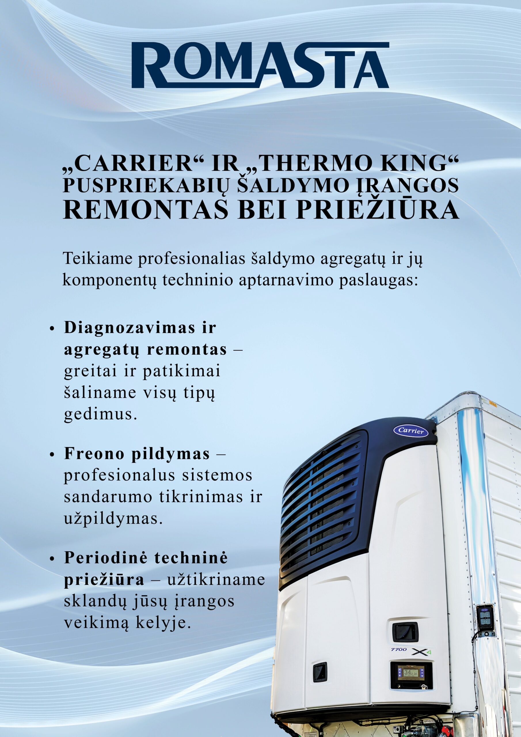 „Carrier“ ir „Thermo King“ puspriekabių šaldymo įrangos remontas bei priežiūra
